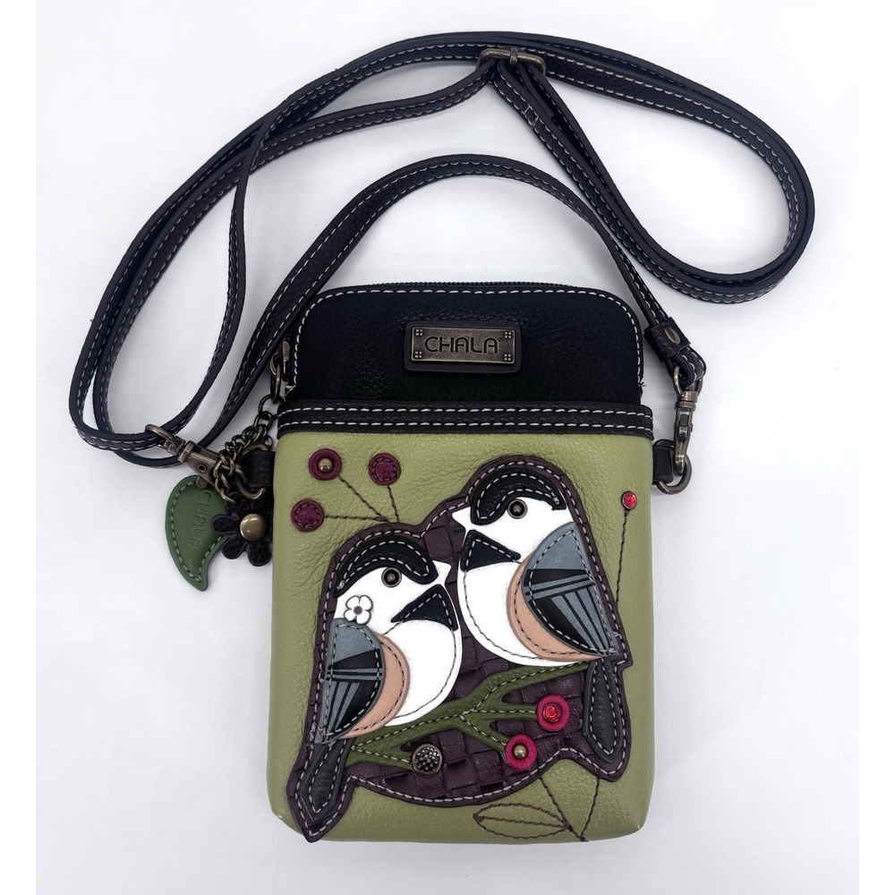 Chala Bird Chickadee Crossbody Cell Phone Purse Green Convertible Wristlet
